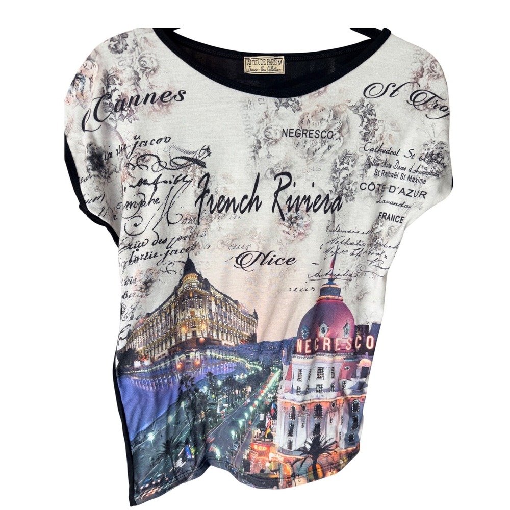 Attitude Paris French Riviera Rhinestone Graphic Tee Size M